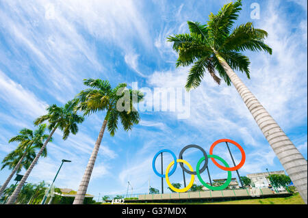 RIO DE JANEIRO - 18. März 2016: Olympische Ringe stehen neben hohen Palmen im Park Parque Madureira in Zona Norte. Stockfoto