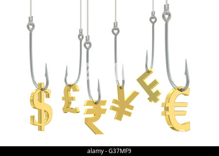 Angelhaken mit Symbolen von Dollar, Euro, Pfund, rendering Franken, Yen und Rupie, 3D Stockfoto