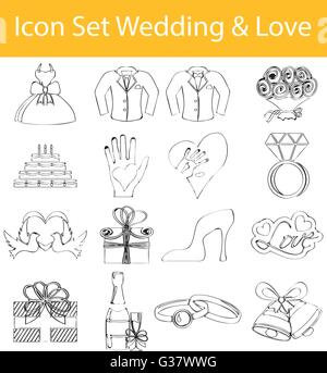 Gezeichnet von Doodle ausgekleidet Icon Set Hochzeit und Liebe mit 16 Icons für den kreativen Einsatz in Grafik-design Stock Vektor