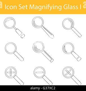 Gezeichnete Doodle ausgekleidet Icon Set Magnifying Glass gestalte ich mit 9 Icons für den kreativen Einsatz in Grafik Stock Vektor