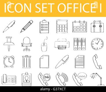 Gezeichnete Doodle ausgekleidet Symbolsatz Büro ich mit 24 Symbole für den kreativen Einsatz in Grafik-Design Stock Vektor