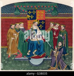 Heinrich VI. (1421-1471) (Reigned 1422-61 &amp; 1470-1471) präsentiert ein Schwert mit John Talbot, Earl of Shrewsbury Stockfoto