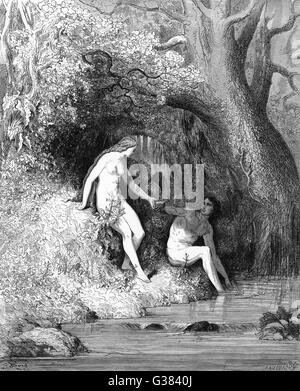 Adam und Eva amüsieren im Garten Eden vor dem Sündenfall Stockfoto