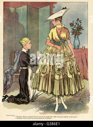 Cartoon, Frau probiert neues Kleid an, WW1 Stockfoto