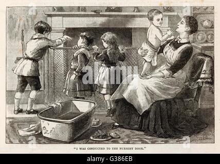 Das Kindermädchen Bäder der jüngste, während die drei älteren Kinder spielen Datum: 1885 Stockfoto