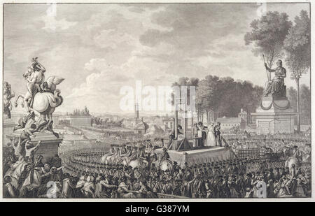 Marie-Antoinette, ehemalige Königin von Frankreich, ist durch die Guillotine hingerichtet in Place De La Revolution (heute Place De La Concorde) Datum: 16. Oktober 1793 Stockfoto