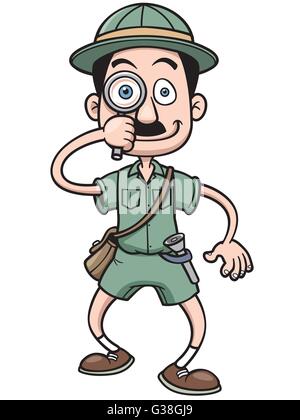 Vektor-Illustration Karikatur Safari Mann mit Lupe Stock Vektor