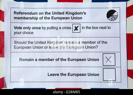 Ein Stimmzettel für das Vereinigte Königreich Referendum über EU-Mitgliedschaft. Der Stimmzettel hat gekreuzt, um ein Mitglied der Europäischen Union bleiben. Stockfoto