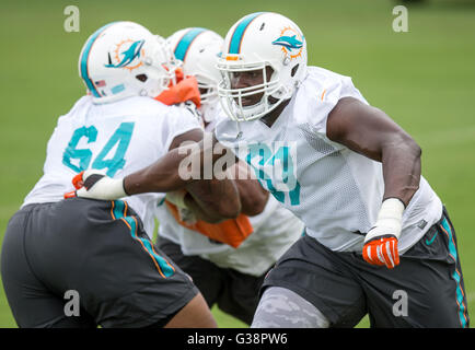 Davie, Florida, USA. 9. Juni 2016. Delphine offensive Limeman Laremy Tunsil (67) während der organisierten Team-Aktivitäten in Davie, Florida am 9. Juni 2016. © Allen Eyestone/der Palm Beach Post/ZUMA Draht/Alamy Live-Nachrichten Stockfoto