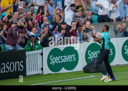 London, UK. 8. Juni 2016. Dwayne Bravo feiert mit dem Publikum nach der Einnahme eines Haken, während für Surrey im Nat West T20 Blast Spiel gegen Hampshire im Oval fielding. David Rowe/Alamy Live News. Stockfoto