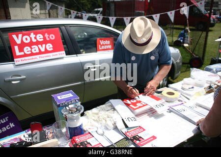 Rosudgeon, Cornwall, UK. 9. Juni 2016. Zeichen verlassen' ' EU auf das Auto von einem Flohmarkt-Verkäufer in Rosudgeon, Cornwall, England.  Bildnachweis: Jürgen Schwarz / Alamy Live News Stockfoto