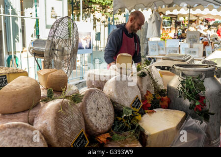 Outdoor-Marktstand in Lourmarin, Verkauf von Käse, Luberon, Vaucluse, Provence-Alpes-Côte d ' Azur, Frankreich Stockfoto