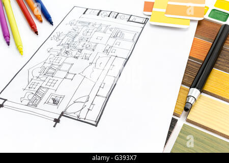 architektonische Planung von Interieur-Design mit Farbe Vorlagen und Marker Stockfoto