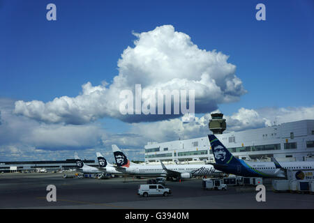 Cumulus-Wolken über Alaska Airline Flugzeuge bei Anchorage Ted Stevens International Airport, Alaska Stockfoto