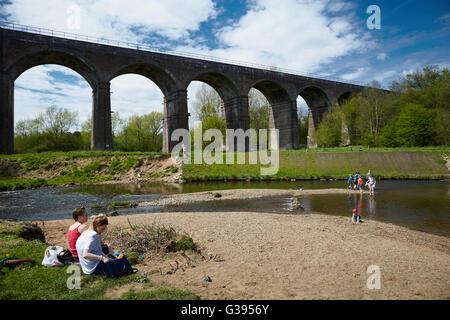 Rötlich Vale Viadukt Stockport Land Park 16-Bogen gemauerten Viadukt erbaut 1875, Hope Valley Line über den Ta zu tragen Stockfoto