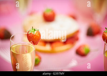 Wein Erdbeertorte Schokolade getaucht Nachmittag Kaffeekränzchen Picknick Sommer Frucht rot rosa Schwamm Glasdekoration verziert Essen Stockfoto