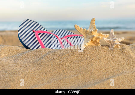 Marine Stillleben. Flip Flops und Seesterne in den Sand. Stockfoto