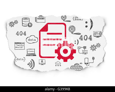 Software-Konzept: Zahnrad auf Torn Paper Background Stockfoto