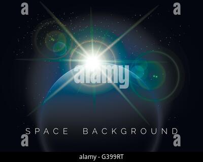 Aufgehender Stern über den ganzen Planeten. Weltraum Hintergrund. Kostenlose Schriftart verwendet. Stock Vektor