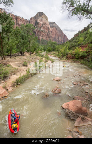 Paddeln aufblasbare Kajaks, North Fork Virgin River im Zion Nationalpark, Utah. Stockfoto