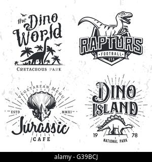 Dinosaurier-Vektor-Logo-Set. Triceratops T-shirt Illustration Konzept. Raptoren College Sport Team Abzeichen Designvorlage. Vintage Jurazeit Etiketten. Freizeitpark-Abzeichen-Sammlung Stock Vektor