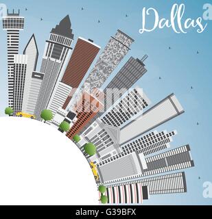 Dallas Skyline mit grauen Gebäuden, blauer Himmel und Textfreiraum. Vektor-Illustration. Geschäftsreisen und Tourismus-Konzept Stock Vektor