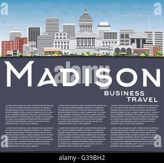 Madison Skyline mit grauen Gebäuden, blauer Himmel und Textfreiraum. Vektor-Illustration. Geschäftsreisen und Tourismus-Konzept Stock Vektor