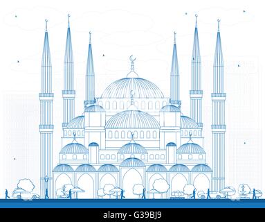 Blaue Moschee in Istanbul Türkei zu skizzieren. Vektor-Illustration. Geschäftsreisen und Tourismus-Konzept mit historischen Gebäude. Stock Vektor