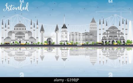 Skyline von Istanbul mit grauen Wahrzeichen, blauer Himmel und Reflexionen. Vektor-Illustration. Geschäftsreisen und Tourismus-Konzept Stock Vektor