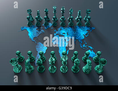 Symbol der elektronischen Kampf, digitale Schachbrett aus der Weltkarte mit Schach spielen Stockfoto