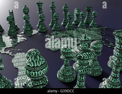 Symbol der elektronischen Kampf, digitale Schachbrett aus der Weltkarte mit Schach spielen Stockfoto