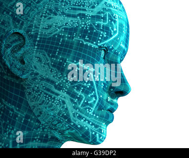 elektronische Frau, weibliche Cyborg isoliert auf weißem Hintergrund, 3D Illustration. Stockfoto