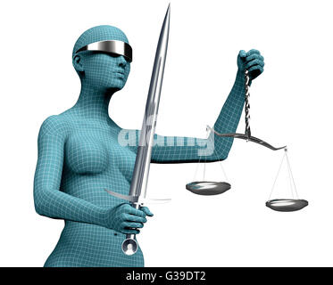 rechtliche Computer Richter Konzept, Justitia, die isoliert auf weißem, 3D Illustration. Stockfoto