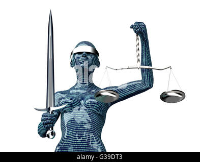 rechtliche Computer Richter Konzept, Justitia, die isoliert auf weißem, 3D Illustration. Stockfoto