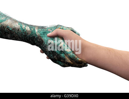 menschliche Hand schütteln Roboter hand isoliert auf weiss mit Beschneidungspfad, 3d illustration Stockfoto