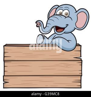Vektor-Illustration von Elephant Cartoon mit einem Holzschild Stock Vektor