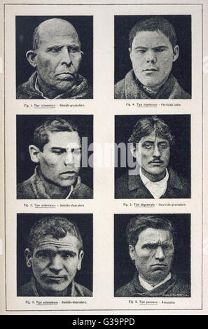 Ein Beispiel von Lombroso Studie, die behauptet, die Physiognomie auf strafrechtlicher Art beziehen. Diese Platte zeigt Mörder.      Datum: 1895 Stockfoto