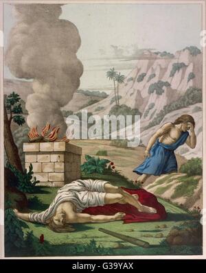 Wenn Gott seine Abels Opfer vorzieht, wird eifersüchtig auf seinen Bruder Kain und tötet ihn: Wenn Gott, wo Abel fragt, He antwortet: "Ich bin der Hüter meines Bruders?" Stockfoto