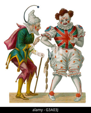 Zwei clowns, einer trug ein Union Jack-Top und hat eine Reihe von Würstchen in der Tasche.   Ende des 19. Jahrhunderts Stockfoto