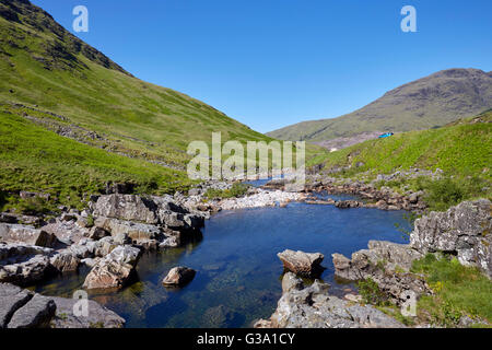 Campingplatz am Fluß Etive in Glen Etive. Argyllshire, Schottland. Stockfoto