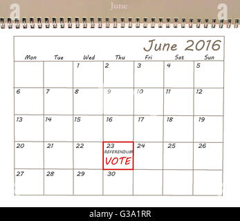 EU-Referendum 23 Juni Erinnerung in einem Kalender Stockfoto