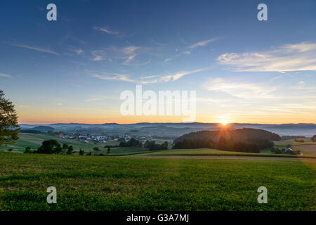 Blick über das Mühlviertel bei Sonnenaufgang, Österreich, Oberösterreich, Oberösterreich, Mühlviertel, Waldburg Stockfoto