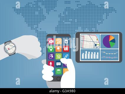 Mobiles computing überall Konzept mit Hand Smartwatch, Smartphone und Tablet. Stock Vektor