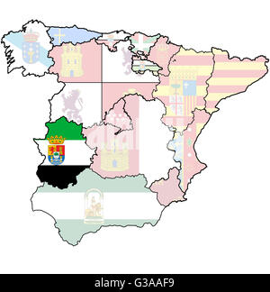 die Region Extremadura auf Verwaltung Karte der Regionen Spaniens mit Fahnen und Wappen Stockfoto