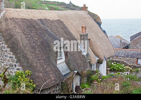 Traditionellen Steinhäusern mit Strohdächern in einer alten Cornish Fischergemeinde UK Stockfoto