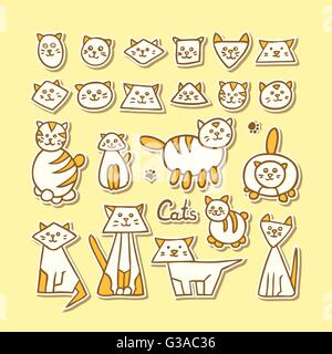 Satz von Hand gezeichnete lustige Katzen auf gelbem Hintergrund. Stock Vektor