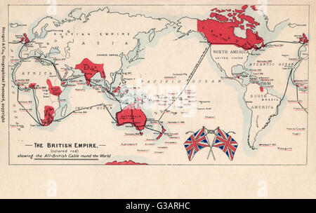 Karte des britischen Empire (rot gefärbt), zeigt das All-britische internationale Kabel, um die Welt gehen, telegrafische Kommunikation ermöglicht.      Datum: ca. 1902 Stockfoto