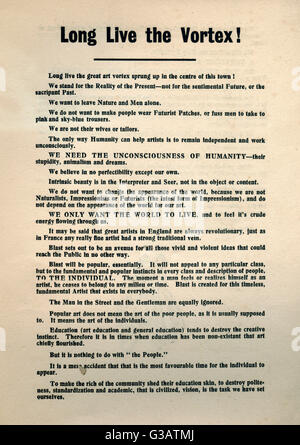 Eine Seite mit dem Titel "Es lebe die Vortex", von der ersten Ausgabe von Blast: Überprüfung der der große englische Vortex, datiert 20. Juni 1914. Herausgegeben von Wyndham Lewis, erschien dieser kurzlebigen Literaturzeitschrift 33 Tage vor dem Ausbruch des ersten Weltkrieges. Stockfoto