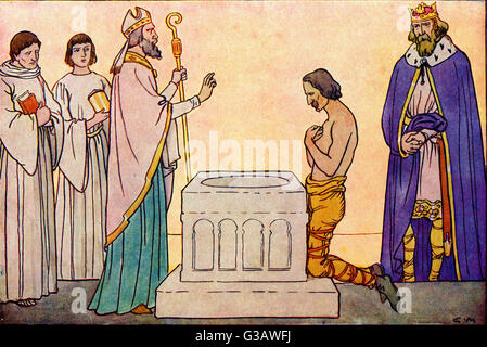 Die Taufe von Guthrum, König der dänischen Wikinger in der Danelaw - König Alfred war sein Pate. Guthrum wurde Aethelstan getauft, als er zum Christentum bekehrt wurde. Stockfoto