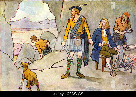 Bonnie Prince Charlie (1720-1788) - der älteste Sohn von James Francis Edward Stuart, Enkel von James II. Und VII. Und der Stuart, der den Thron von Großbritannien beansprucht, sich nach der Niederlage in der Schlacht von Culloden am 16. April 1746 in einer Höhle in Schottland versteckt. Er versteckte sich in den Mooren Schottlands, immer knapp vor den Regierungstruppen. Viele Highlanders halfen ihm, und keiner von ihnen verriet ihn für die £30.000 Belohnung. Charles floh nach Frankreich. Stockfoto